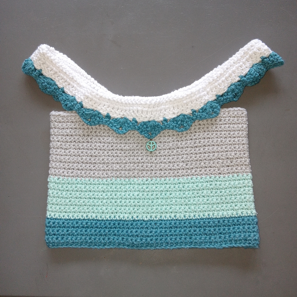 Handmade Hand Crocheted Boho Girls Teal Blue Aqua Gray Striped Crop Top 6/6X